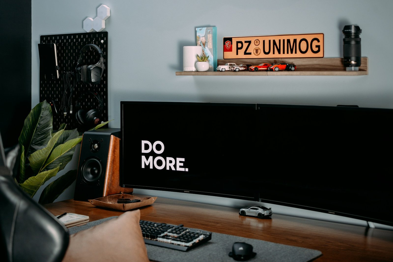 dual monitor desk setup with glare free monitor light bar