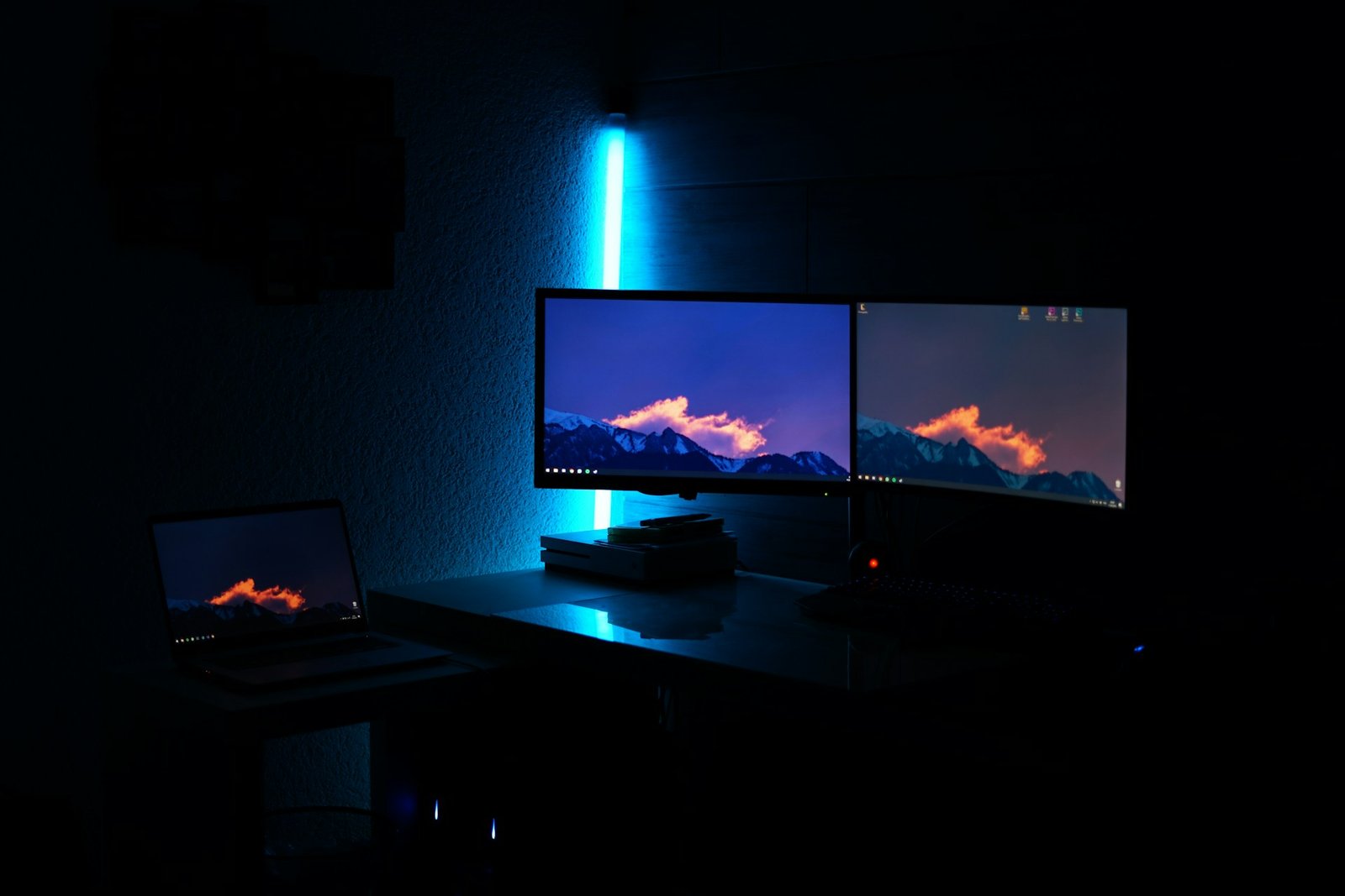 ultrawide dual monitor workspace with monitor light bar lighting