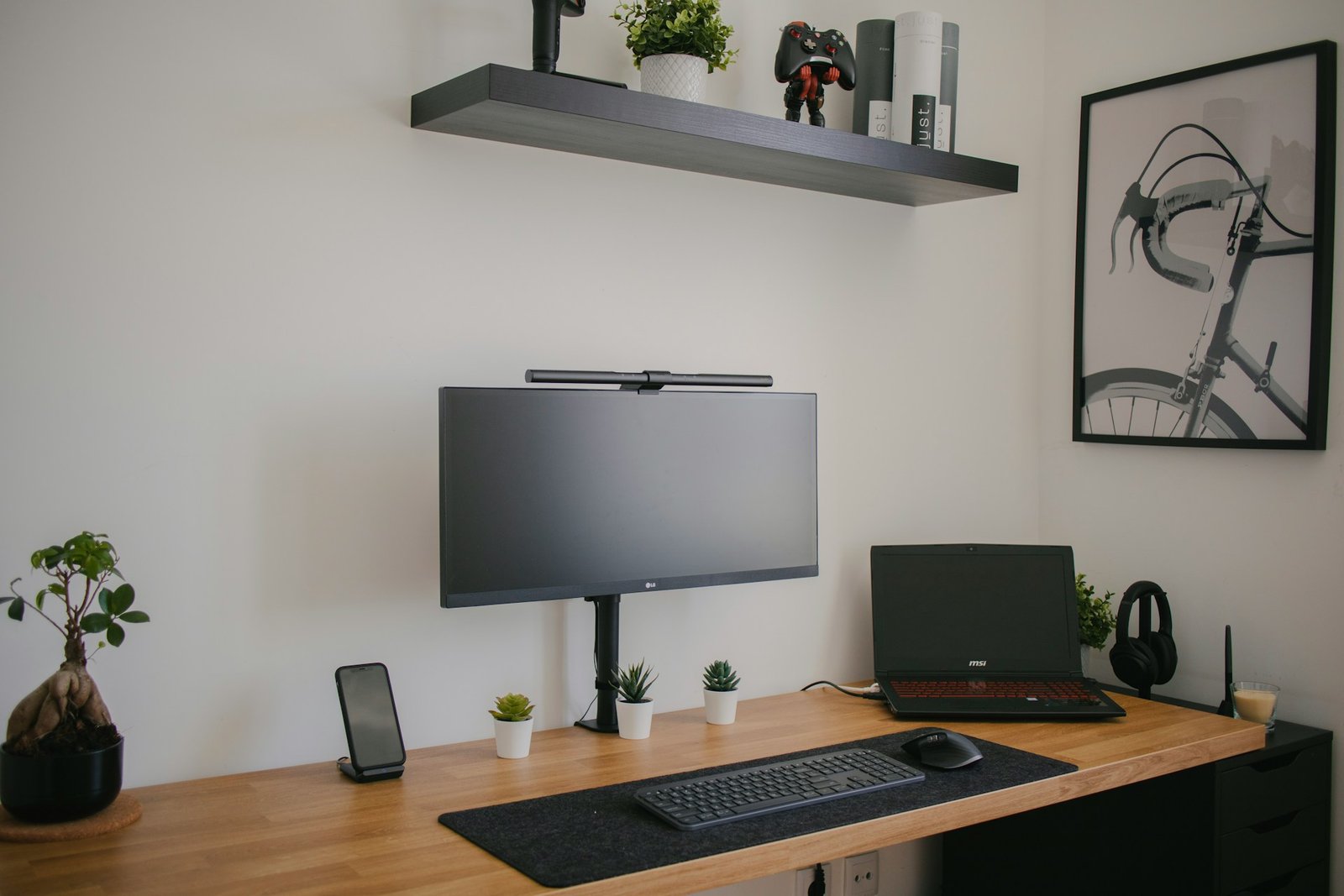 modern desk lighting setup with monitor light bar