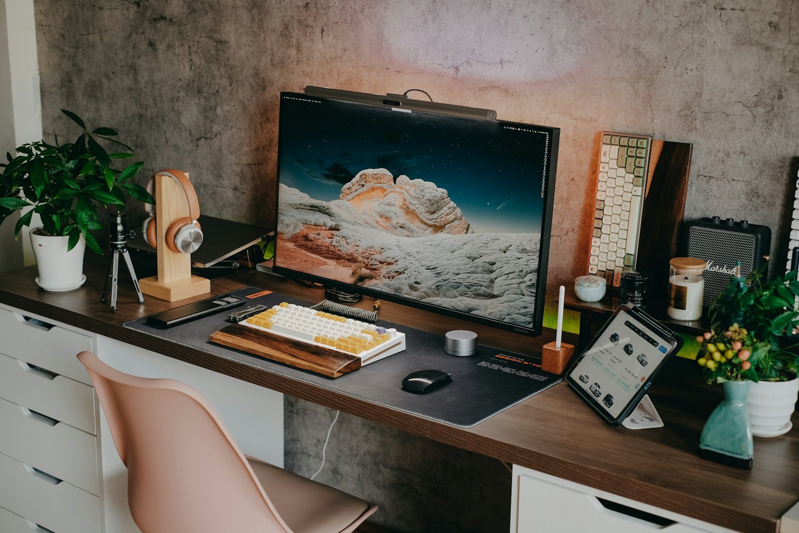 home office desk setup with monitor lighting