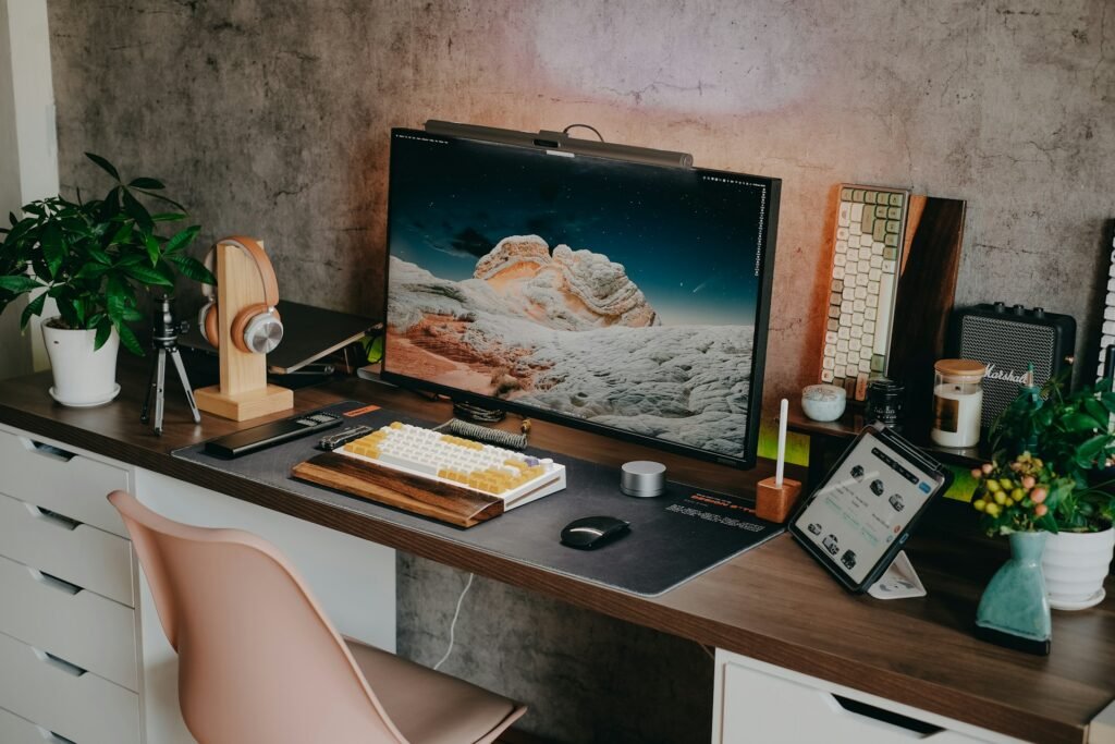 aesthetic desk setup ideas workspace lighting